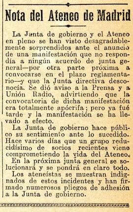 1931-10-15. Nota de la Junta del Ateneo sobre una manifestación. El Liberal (Madrid)