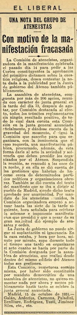 1931-10-16. Nota de un grupo de ateneístas sobre la reciente manifestación. El Liberal (Madrid)