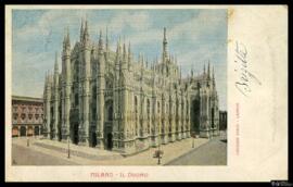 Tarjeta postal circulada a color de vista exterior de la Catedral de Milán editada por Leurian Di...