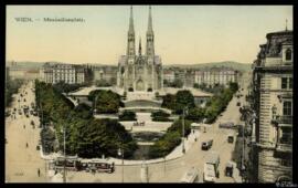Tarjeta postal a color de vista panorámica de la Maximilienplatz de Viena editada por W. D. W. I.
