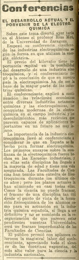1930-06-05. Extracto de la conferencia de Antonio Ríus Miró sobre la electroquímica. El Liberal (...