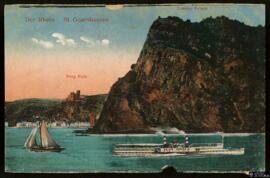 Tarjeta postal a color de vista general del risco Lorelei, el Castillo de Katz y Sankt Goarhausen...