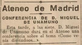 1930-05-02. Anuncio de la conferencia de Miguel de Unamuno en el Ateneo. El Liberal (Madrid)