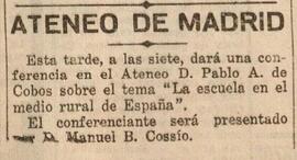 1930-04-29. Anuncio de la conferencia de Pablo de Andrés Cobos. El Liberal (Madrid)