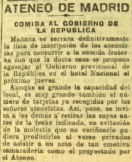 1931-05-05. Comida al Gobierno provisional de la República. El Liberal (Madrid)