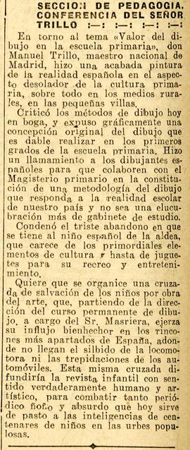 1931-11-08. Reseña de la conferencia de Manuel Trillo sobre el valor del dibujo en la escuela pri...