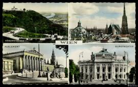 Tarjeta postal circulada a color de composición de imágenes de lugares pintorescos de Viena edita...
