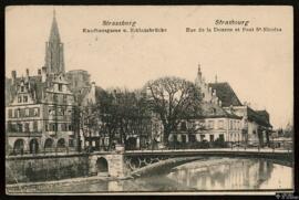 Tarjeta postal circulada de la Kaufhausgasse y el Niklausbrücke de Estrasburgo remitida a Fräulei...