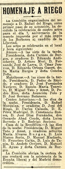 1931-11-06. Diversos actos del homenaje a Rafael del Riego. El Liberal (Madrid)