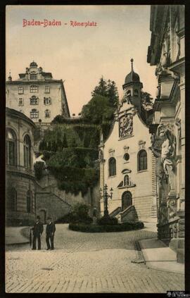 Tarjeta postal pintada a color de la Römerplatz en Baden-Baden editada por Stengel & Co.