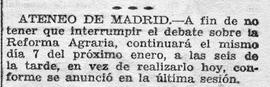 1931-12-29. Se pospone el debate sobre la reforma agraria. Ahora (Madrid)
