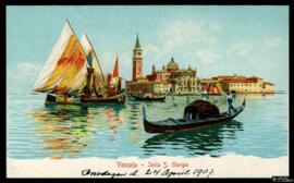 Tarjeta postal de escena costumbrista de gondoleros frente a la Isla de San Giorgio Maggiore de V...