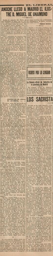 1930-05-02. Artículo sobre la llegada a Madrid de Miguel de Unamuno. El Liberal (Madrid)
