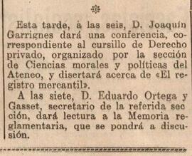 1930-06-01. Conferencias de Joaquín Garrigues y Eduardo Ortega y Gasset. El Liberal (Madrid)