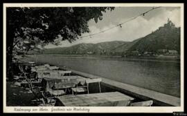 Tarjeta postal circulada de vista exterior de la terraza de una posada en Niederspay am Rhein con...