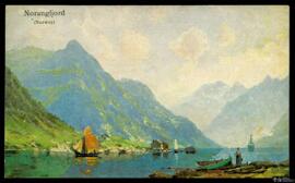 Tarjeta postal de reproducción policromada de una pintura de paisaje del Norangfjord editada por ...