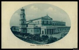 Tarjeta postal de vista exterior de la Basílica de San Pablo Extramuros de Roma editada por S. T....