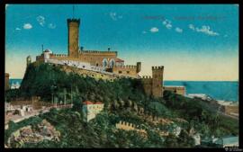 Tarjeta postal a color de vista panorámica del Castello d'Albertis de Génova editada por T. Dell’...