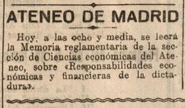 1930-05-29. Anuncio de la Memoria de la Sección de Ciencias Económicas . El Liberal (Madrid)