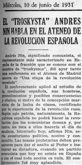 1931-06-10. Reseña de la conferencia de Andrés Nin. Ahora (Madrid)