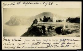 Tarjeta postal de vista panorámica de la Villa Dubufe en el Fuerte de la Isla de Capri con carta ...