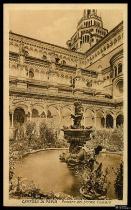 Tarjeta postal de fototipia de la fuente escultórica del Claustro pequeño de la Cartuja de Pavía ...