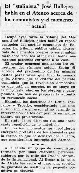 1931-06-12. Reseña de la conferencia de José Bullejos. Ahora (Madrid)
