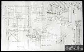 Detalles de un edificio (planta baja; planta de cubierta; detalle de la escalera de la antigua ca...
