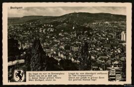 Tarjeta postal de vista general de Stuttgart y dos estrofas de poema de Karl Gerok dedicado a la ...