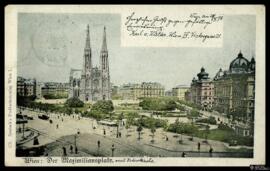 Tarjeta postal circulada a color de vista panorámica de la Maximilianplatz y la Votivkirche edita...