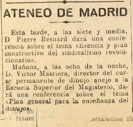 1931-06-21. Conferencias de Pierre Besnard y Víctor Masriera. El Liberal (Madrid)