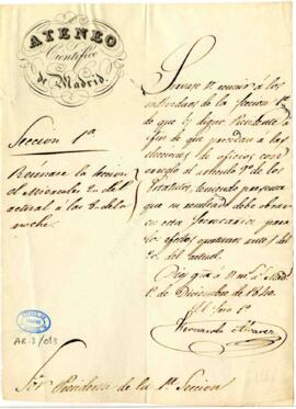 1840-12-01. Oficio de Fernando Álvarez, secretario 1º del Ateneo