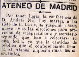1931-06-09. Se suspenden las elecciones por la conferencia de Andrés Nin. El Liberal (Madrid)