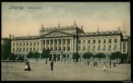 Tarjeta postal a color de vista exterior de la fachada principal de la Universidad de Leipzig edi...