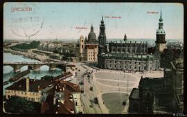 Tarjeta postal de vista panorámica de la Ständehaus, la Catedral y la Schlossturm de Dresde edita...