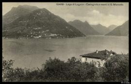 Tarjeta postal de vista del paisaje de la Punta Castagnola y el monte San Mamette junto al Lago d...