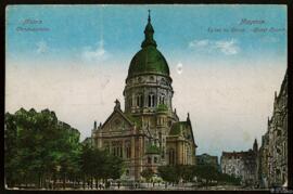 Tarjeta postal a color de la Christuskirche de Maguncia editada por K. S. M. con carta no circula...