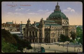Tarjeta postal circulada a color de vista exterior de la Schauspielhaus en Frankfurt editada por ...