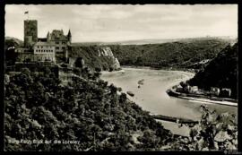 Tarjeta postal circulada del Castillo de Katz visto desde el risco Lorelei editada por Hoursch &a...