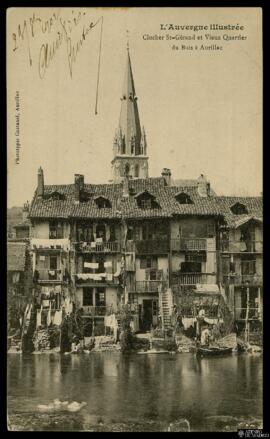 Tarjeta postal circulada del Campanario de Saint-Gérard y el antiguo barrio de Buis en Aurillac e...