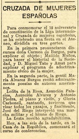 1931-12-08. Crónica de la fiesta de la Liga internacional y Cruzada de mujeres españolas. El Libe...
