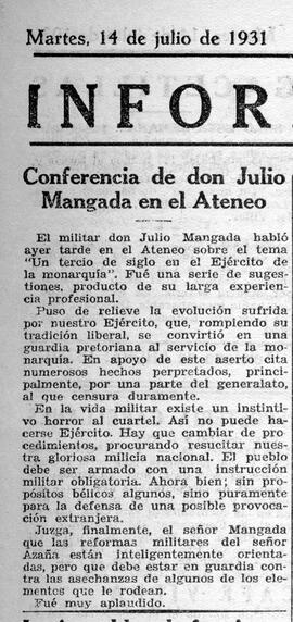 1931-07-14. Reseña de la conferencia de Julio Mangada. Ahora (Madrid)