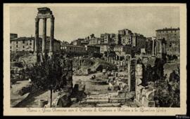 Tarjeta postal de fotograbado de las ruinas del Foro Romano, el Templo de Cástor y Pólux o Templo...