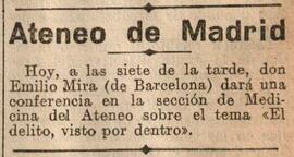 1930-06-14. Anuncio de la conferencia de Emilio Mira. El Liberal (Madrid)