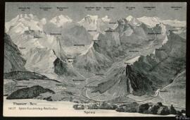 Tarjeta postal de vista panorámica del Lago de Thun, los Alpes y la localidad de Spiez editada po...