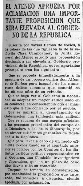 1931-05-14. La Junta general del Ateneo aprueba una proposición al Gobierno. Ahora (Madrid)