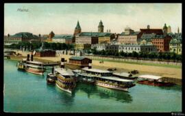 Tarjeta postal a color de paisaje portuario en Maguncia editada en Múnich por Ottmar Zieher