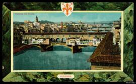 Tarjeta postal a color de vista panorámica del Ponte Vecchio de Florencia editada por A. C. F.