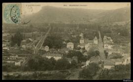 Tarjeta postal circulada de vista panorámica de Massiac remitida por Elise a la Mademoiselle Loui...