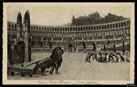 Tarjeta postal de escena de la última oración de un reo frente a un león en el Circo Máximo de Ro...